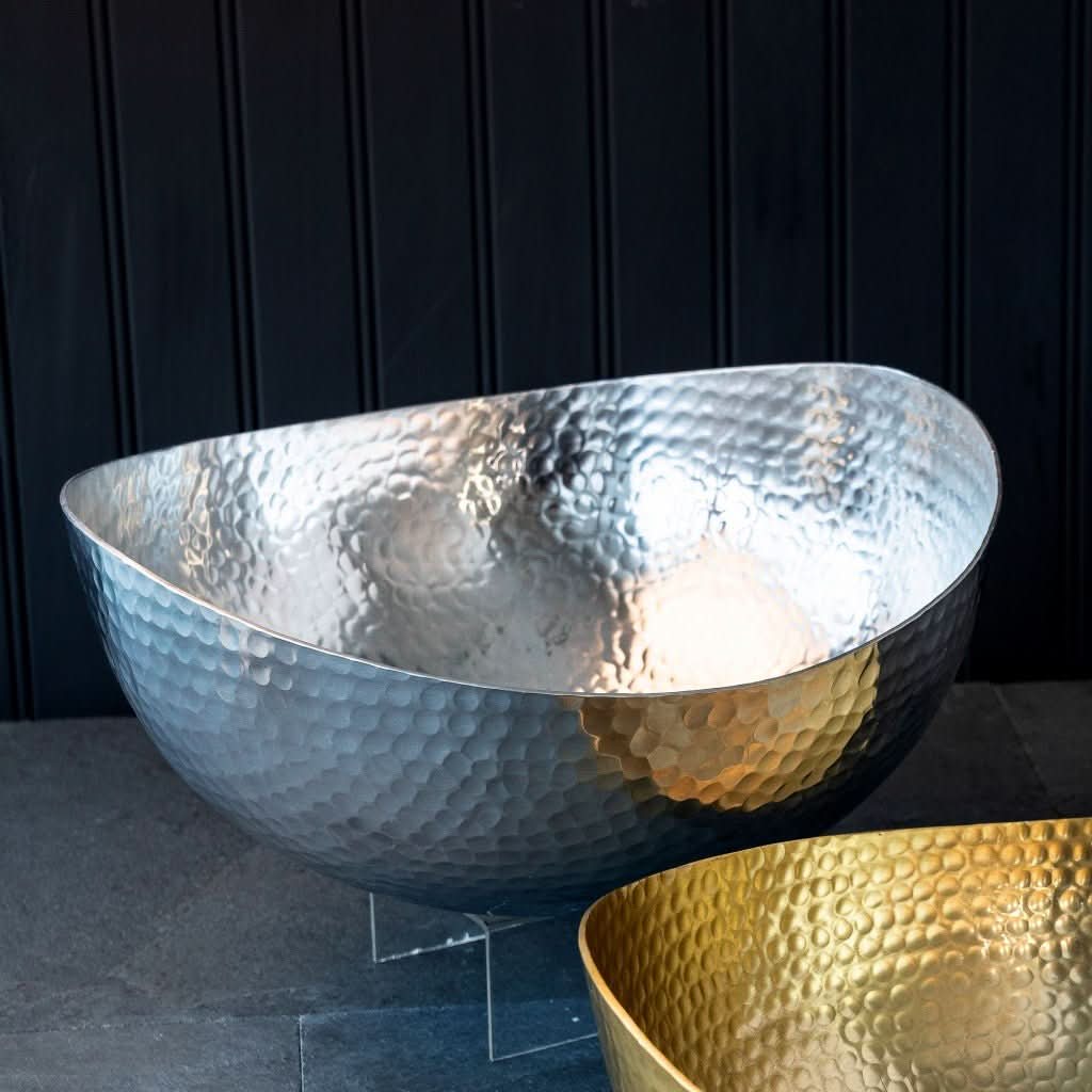 Hammered stainless steel 12" centerpiece bowl, silver, with gold bowl detail.