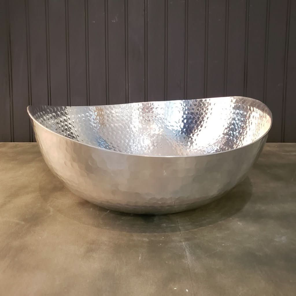 Handcrafted 12" Hammered Stainless Steel Centerpiece Bowl, silver, on dark surface