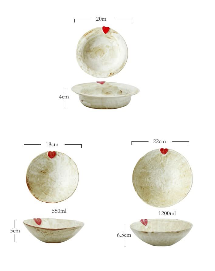 Handcrafted Japanese Love Ceramic Dinner Plate in off-white with a red heart detail.