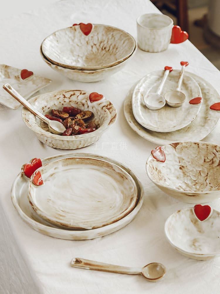 Handcrafted Japanese Love Ceramic Dinner Plate: Creamy white rustic plates with red heart accents.