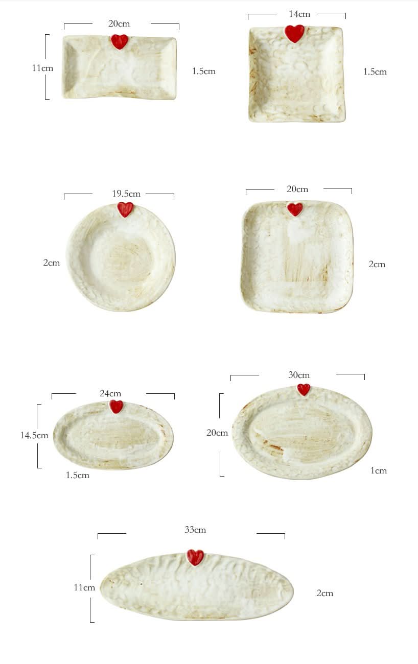 Handcrafted Japanese Love Ceramic Dinner Plate: various sizes, creamy white with red heart detail