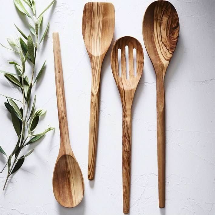Wooden olive spoon and spatula set, wooden spaghetti fork, and utensils for wedding home decor.