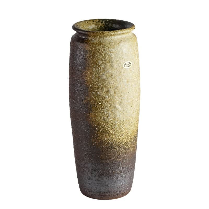 Handmade Japanese Kiln Glazed Vase, earthy brown and tan, perfect for Zen flower arrangements.