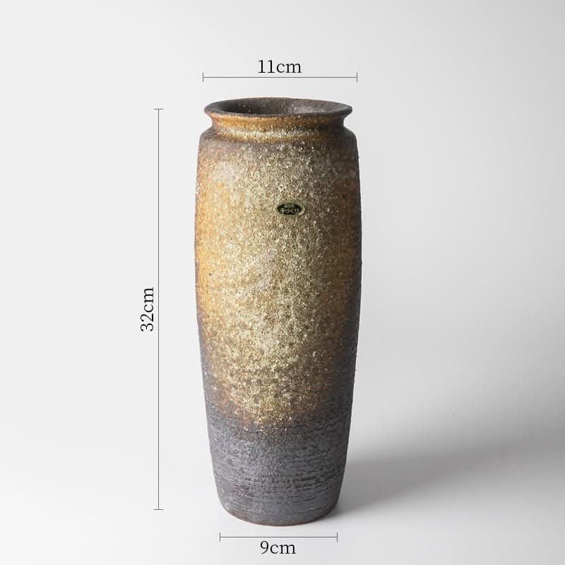 Handmade Japanese kiln glazed vase, a tall cylindrical home decor piece with rustic brown and grey tones.