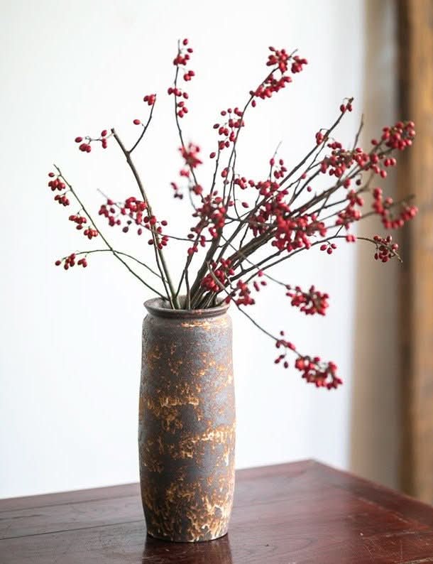 Handmade Japanese Kiln Glazed Vase with red berries, zen decor