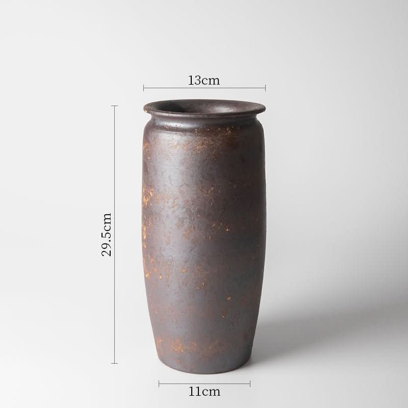 Handmade Japanese kiln glazed vase, dark brown with rustic texture. Zen home decor.