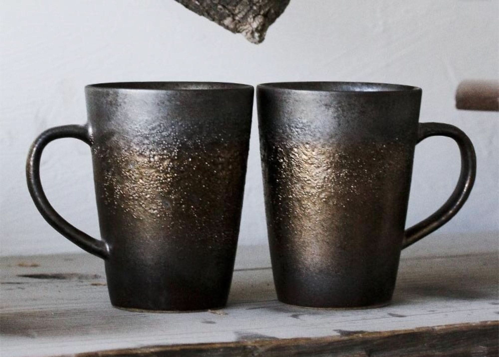 Two handmade pottery mugs, 13.5oz large coffee mug, retro glazed metallic, Japanese pottery.
