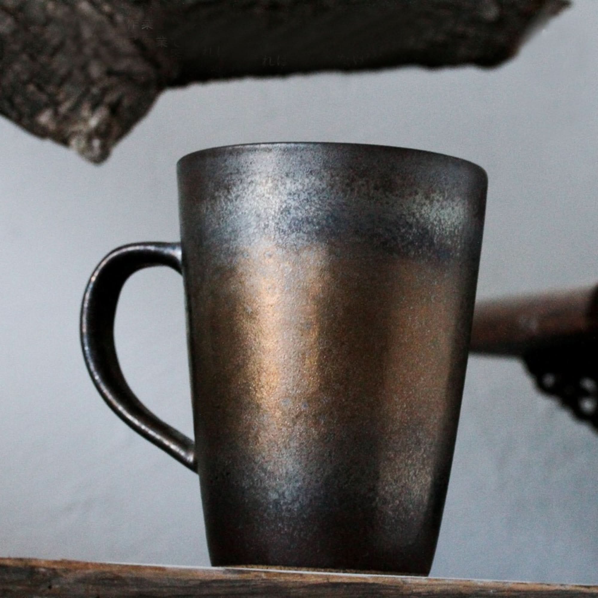 Large 13.5oz Handmade Pottery Mug, metallic glazed retro Japanese coffee mug.