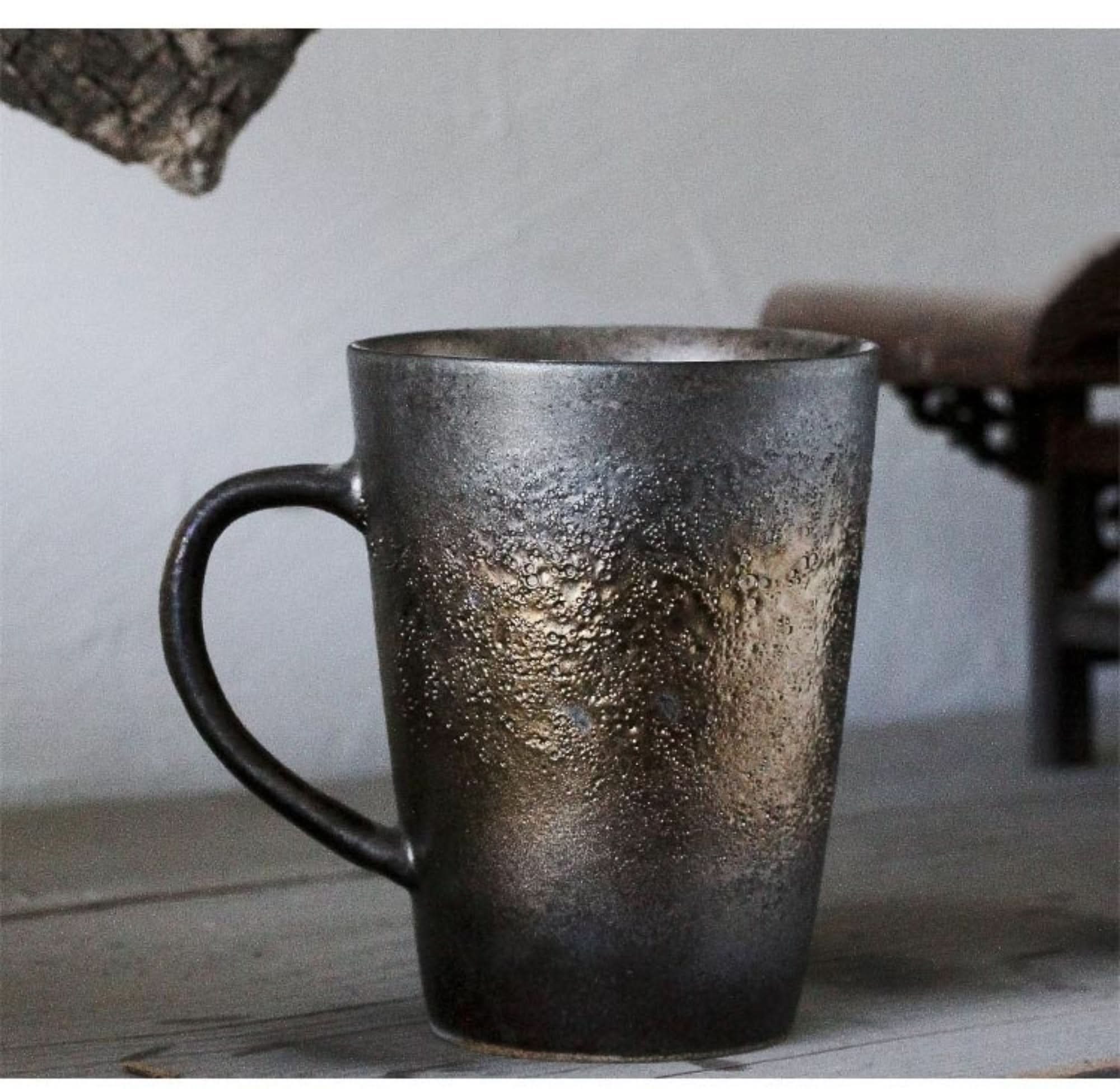 Large handmade pottery mug, 13.5oz, metallic glazed, retro Japanese coffee mug.