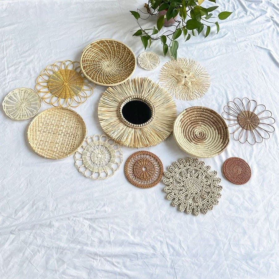 Rattan Wall Hanging Handmade Set: Various natural rattan woven decor pieces on white cloth.