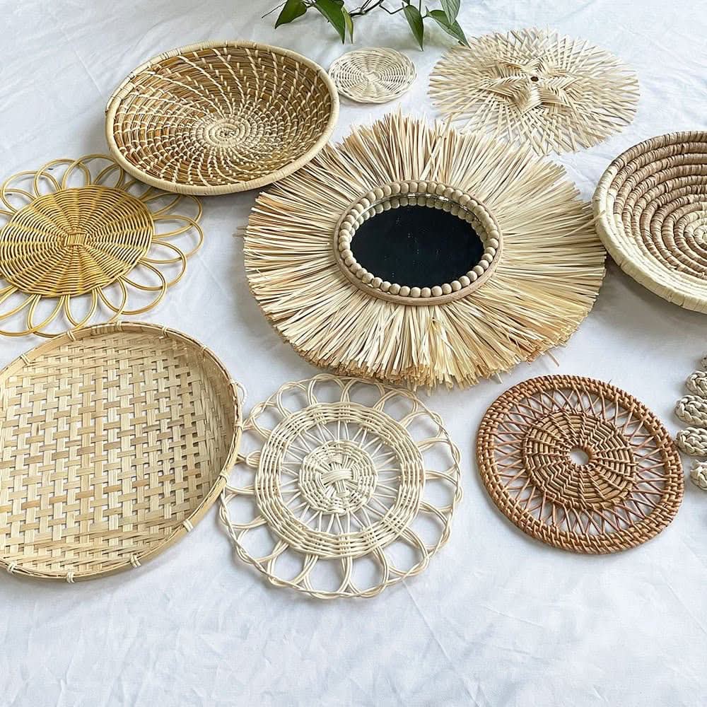 Rattan Wall Hanging Handmade Set: natural woven decor pieces with mirror on white background.