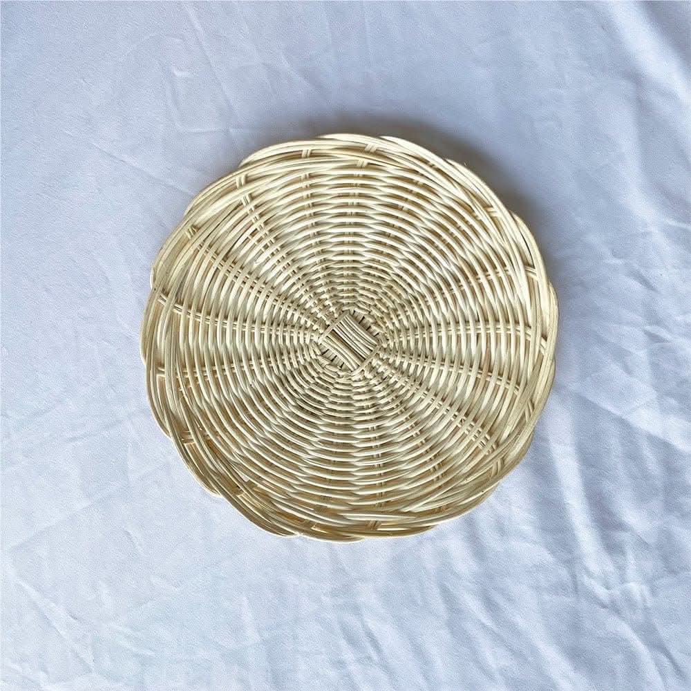 Round beige rattan wall hanging handmade set, natural material, home decor.