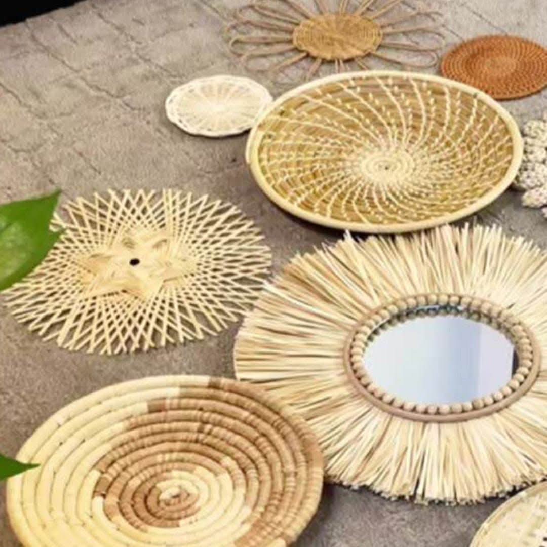 Natural rattan wall hanging handmade set. Various woven boho decor pieces displayed.