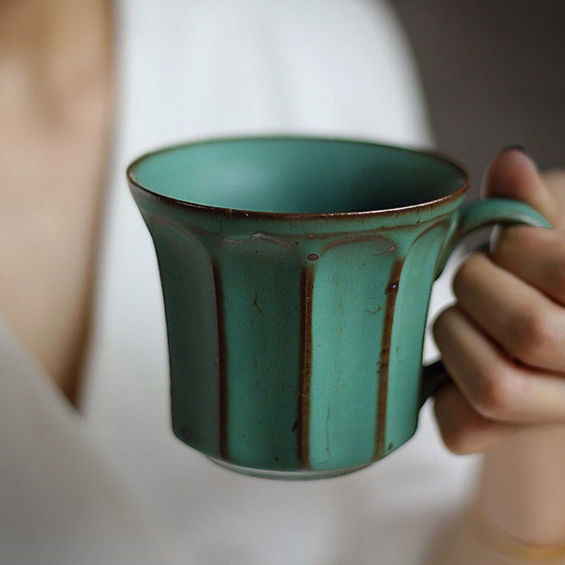 Handmade Stoneware Vertical Pattern Coffee Mug | Speckled, Nordic, Japanese, Rustic - -