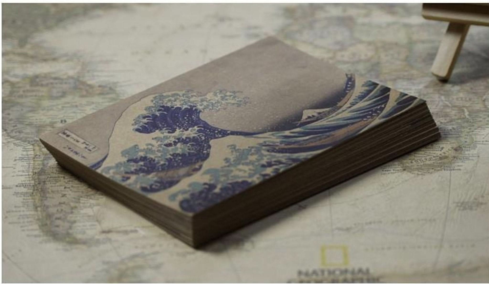 Hokusai Japanese Art Postcards: 30pc Ukiyo-E on kraft paper, blue wave design.