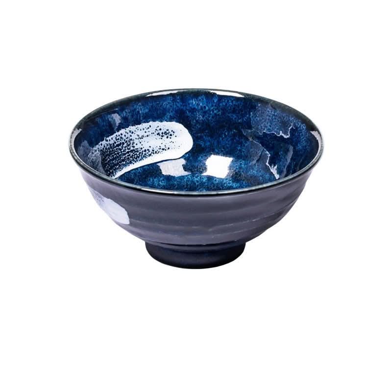 Dark blue ceramic rice bowl with white abstract brush strokes, Japanese style tableware.