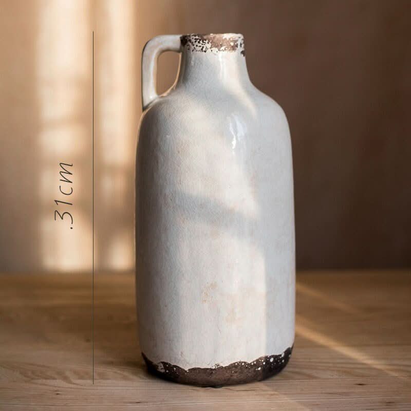 Ice Cracked Glazed Mouth Pottery Vase - off-white stoneware, farmhouse centerpiece, 31cm tall.