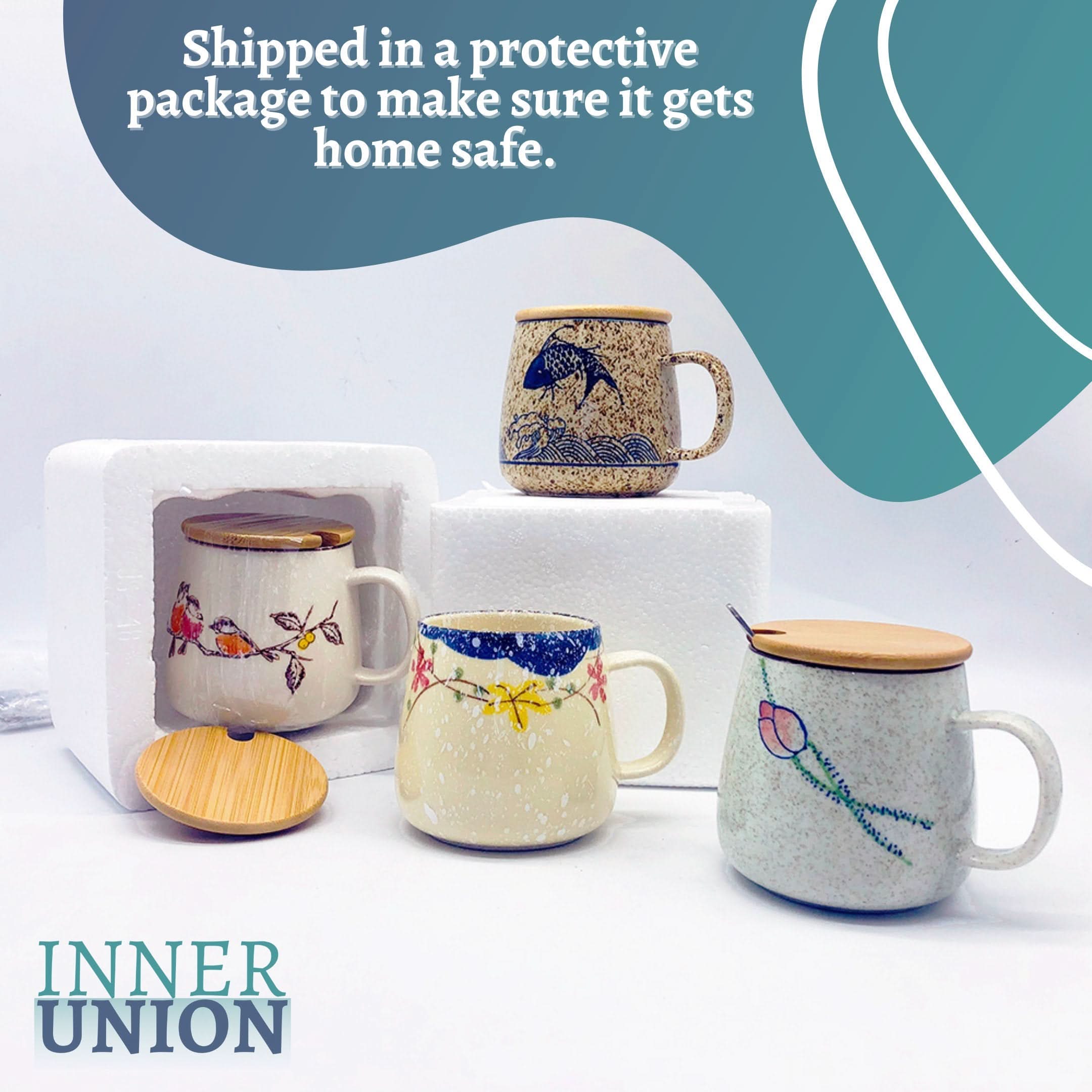 Japanese Mug Set of 2: Modern ceramic mugs with bamboo lids, featuring nature designs.