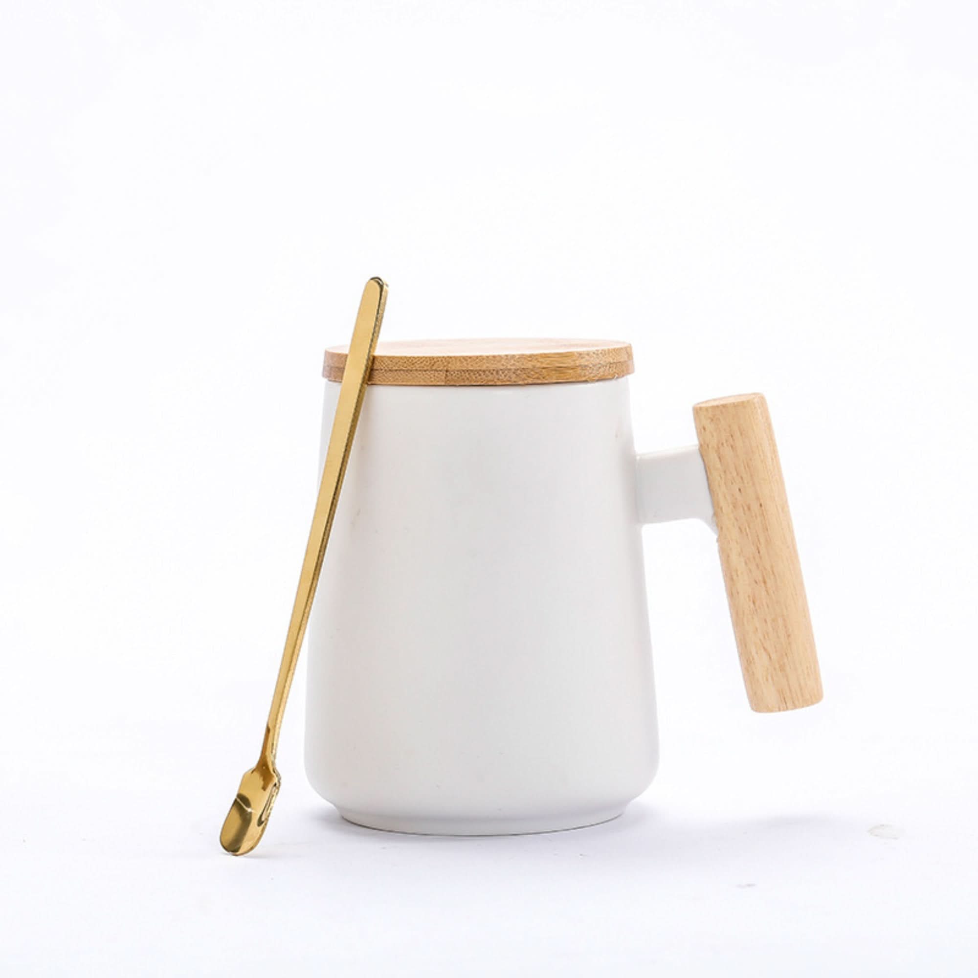White Minimalist Japanese Mug 480ml with bamboo lid, wooden handle, and gold spoon.