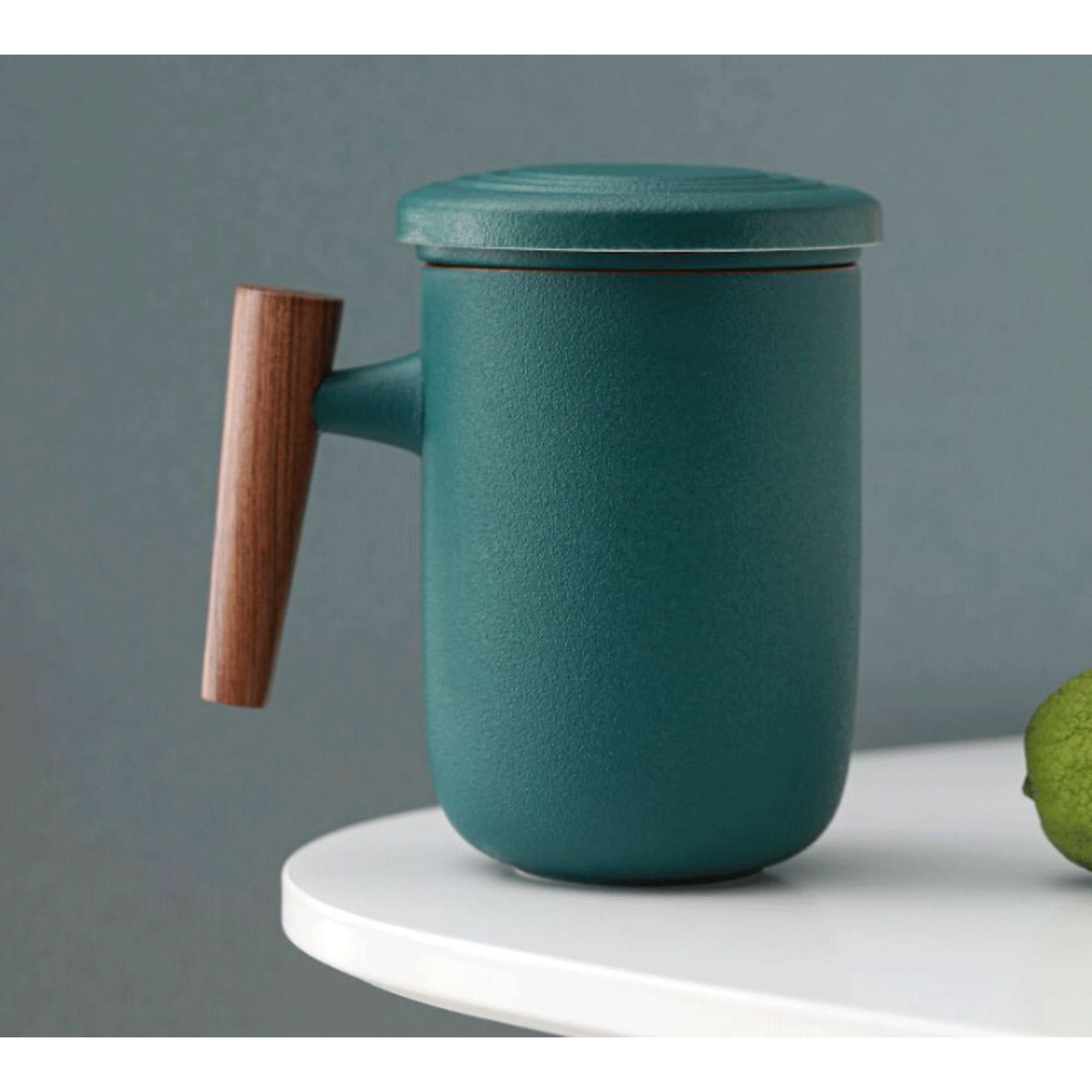 Teal ceramic Minimalist Japanese Mug 13.5oz with wood handle, lid.