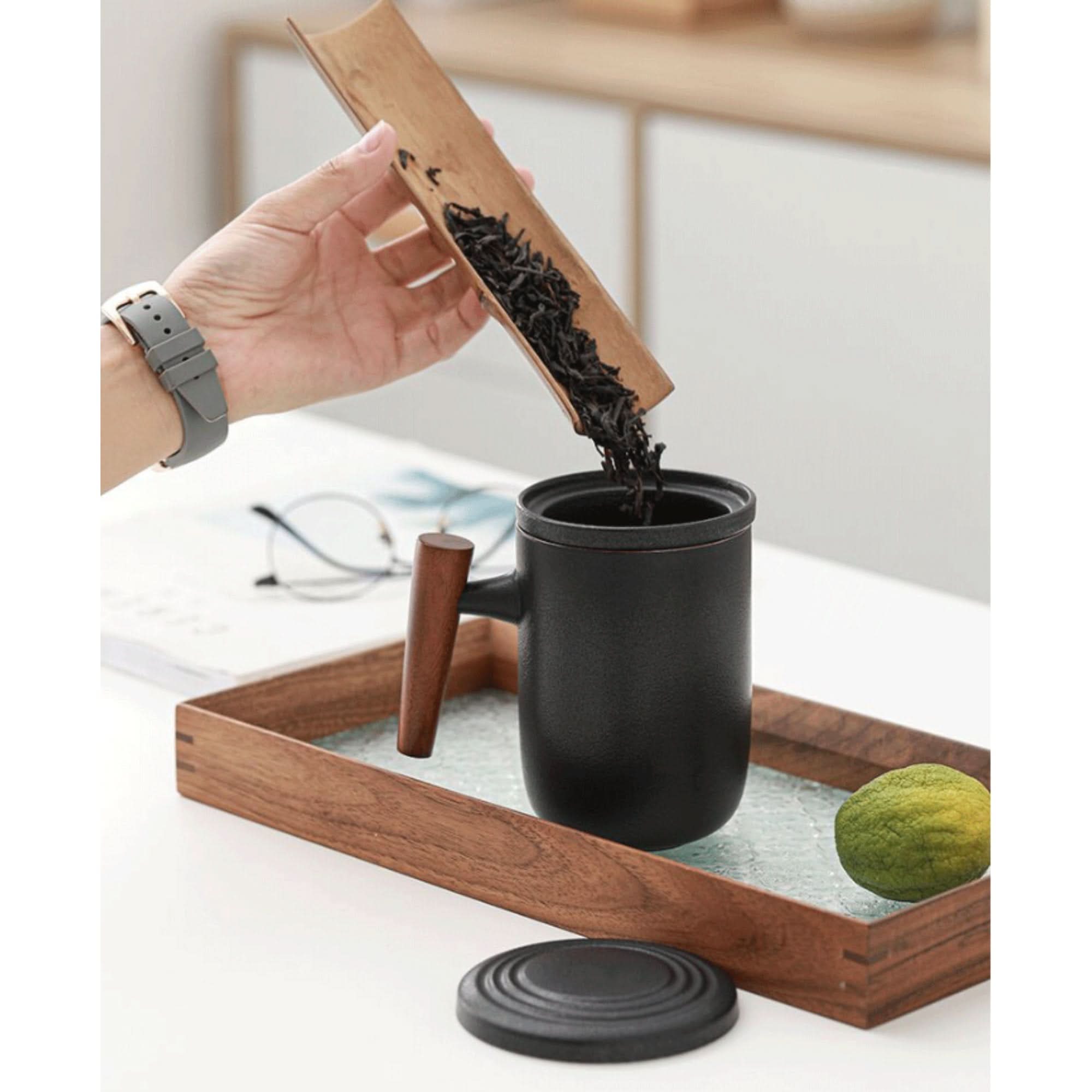 Black Minimalist Japanese Mug 13.5oz with wood handle, tea ceremony setting