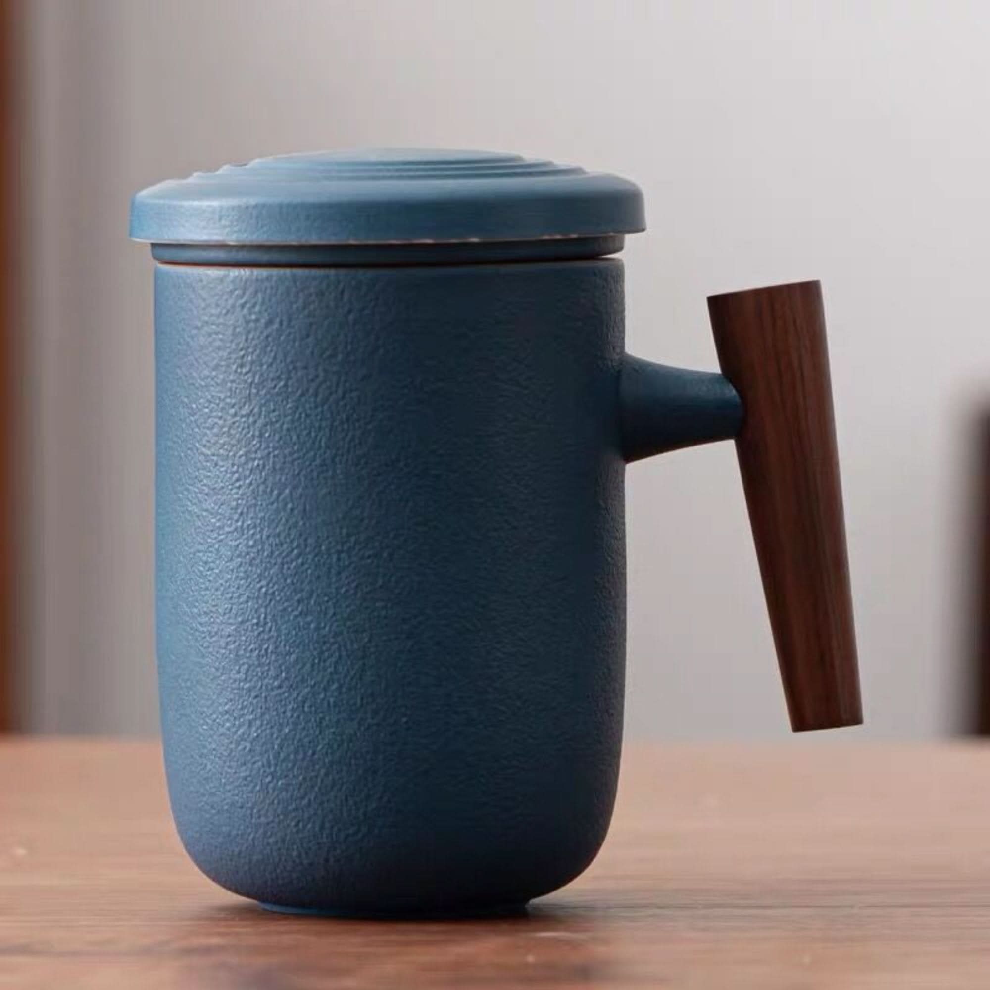 Navy blue minimalist Japanese mug with wooden handle, 13.5oz latte mug