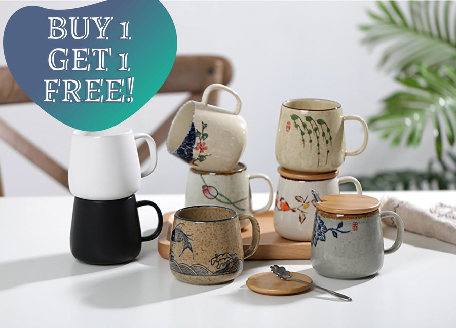 Set of 2 Japanese ceramic mugs, modern, minimal coffee mugs with floral and nature designs.