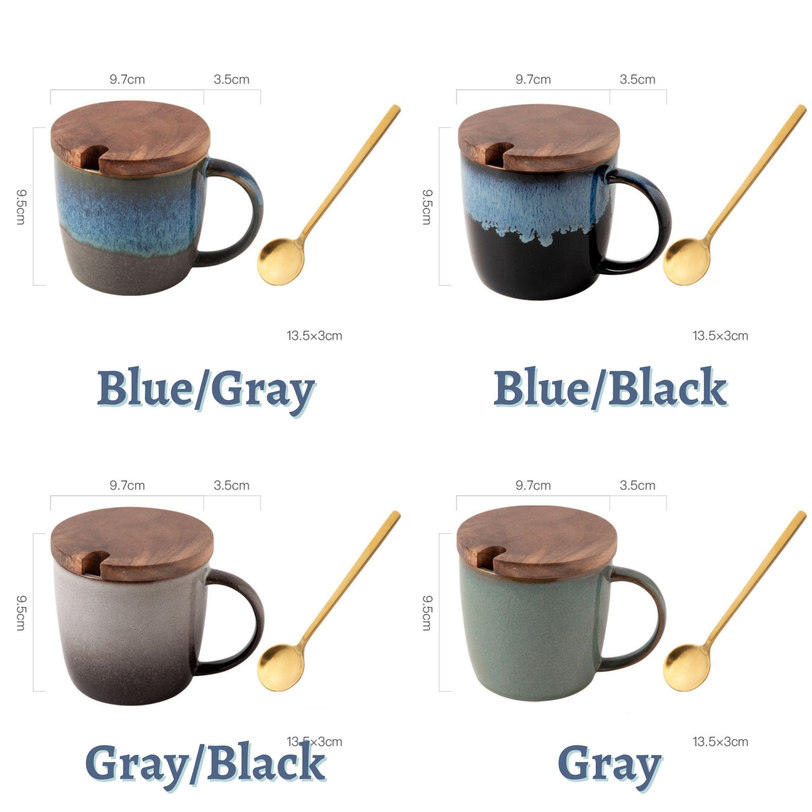 Reactive glazed ceramic mug with wood lid and gold spoon. Available in Blue/Gray, Blue/Black, Gray/Black, or Gray.