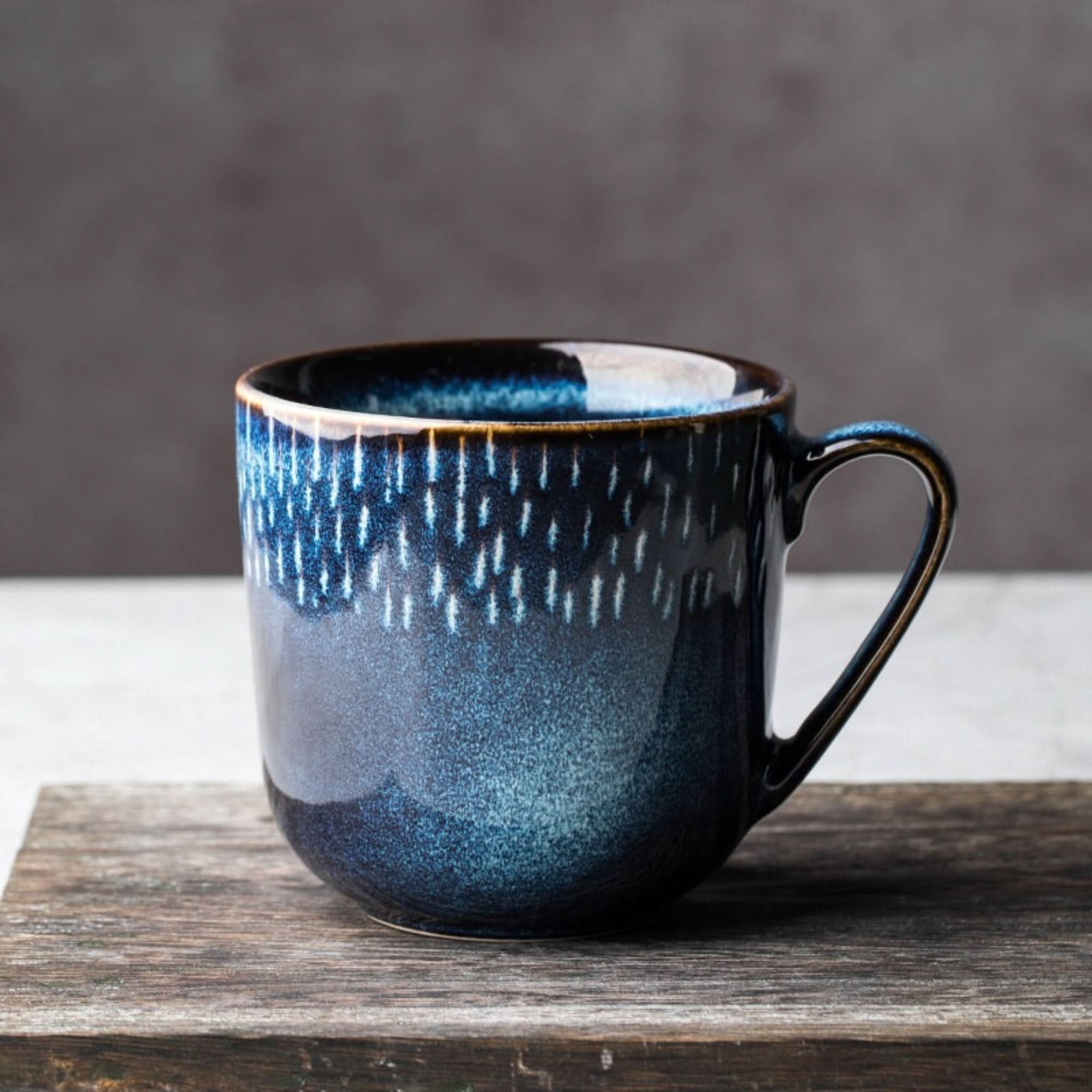 Ceramic mug with blue glaze and white lines, 2x1 set. Home decor.