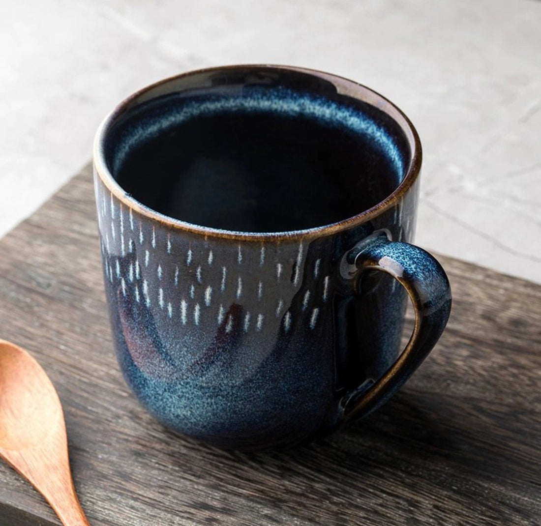 Ceramic Mug With Blue Glaze and White Lines 2x1 Set