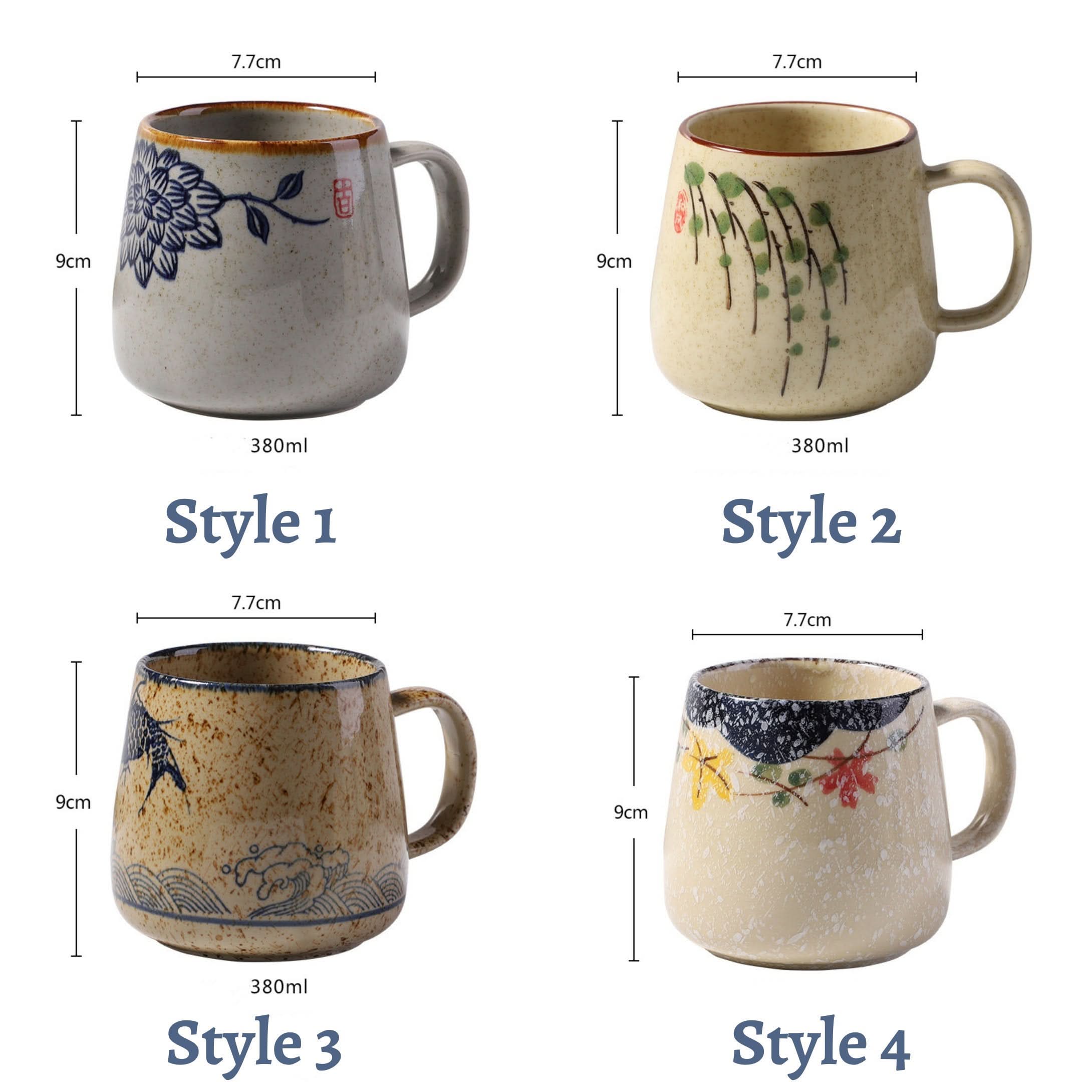 Four Japanese ceramic mugs, each 12.84oz, with distinct floral and nature designs.