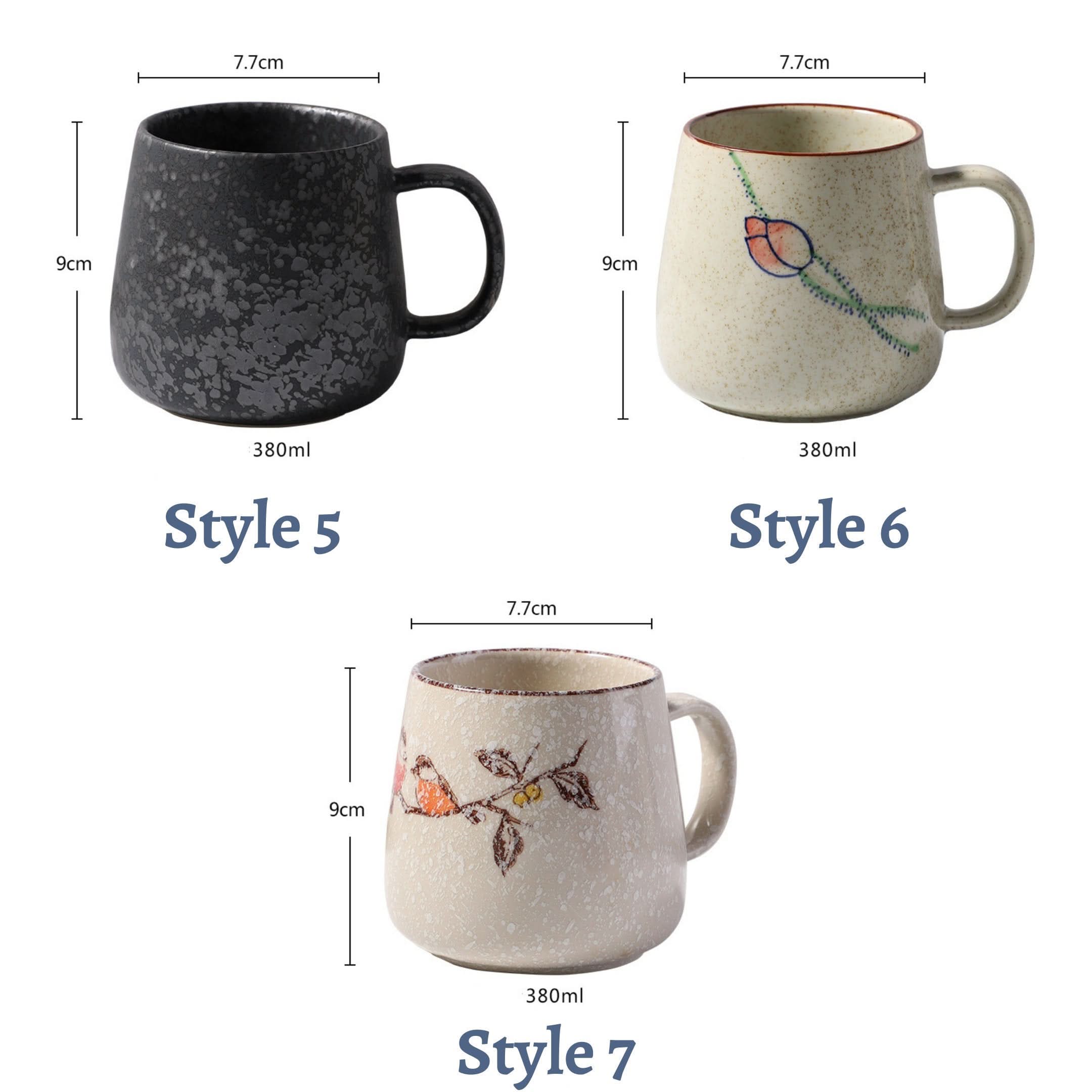 Japanese Mug Set: Speckled black, floral, and bird ceramic mugs.
