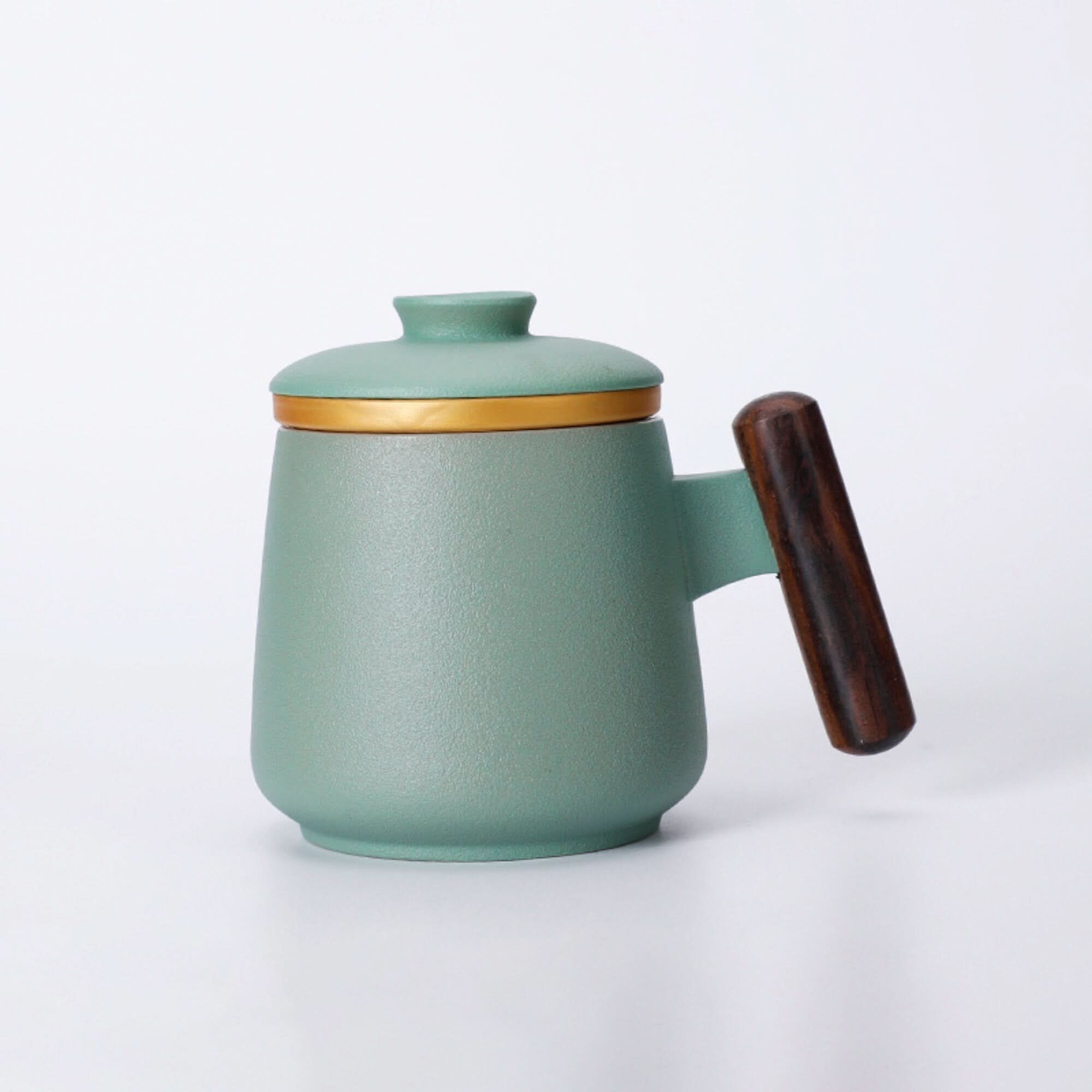 Minimalist Japanese Mug 10.1oz: Green ceramic latte mug with gold rim and wood handle.