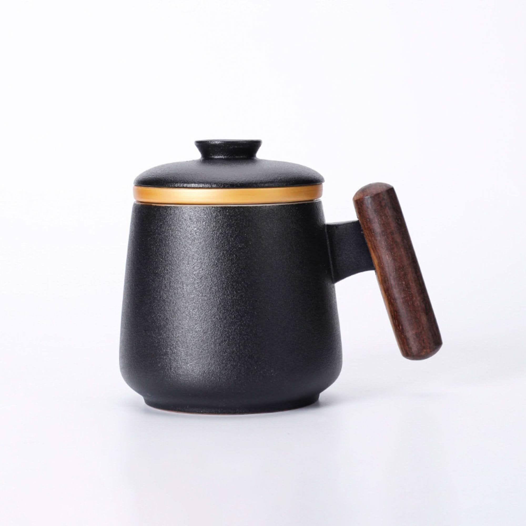 Black Minimalist Japanese Mug 10.1oz latte mug with wood handle and gold rim, on white.