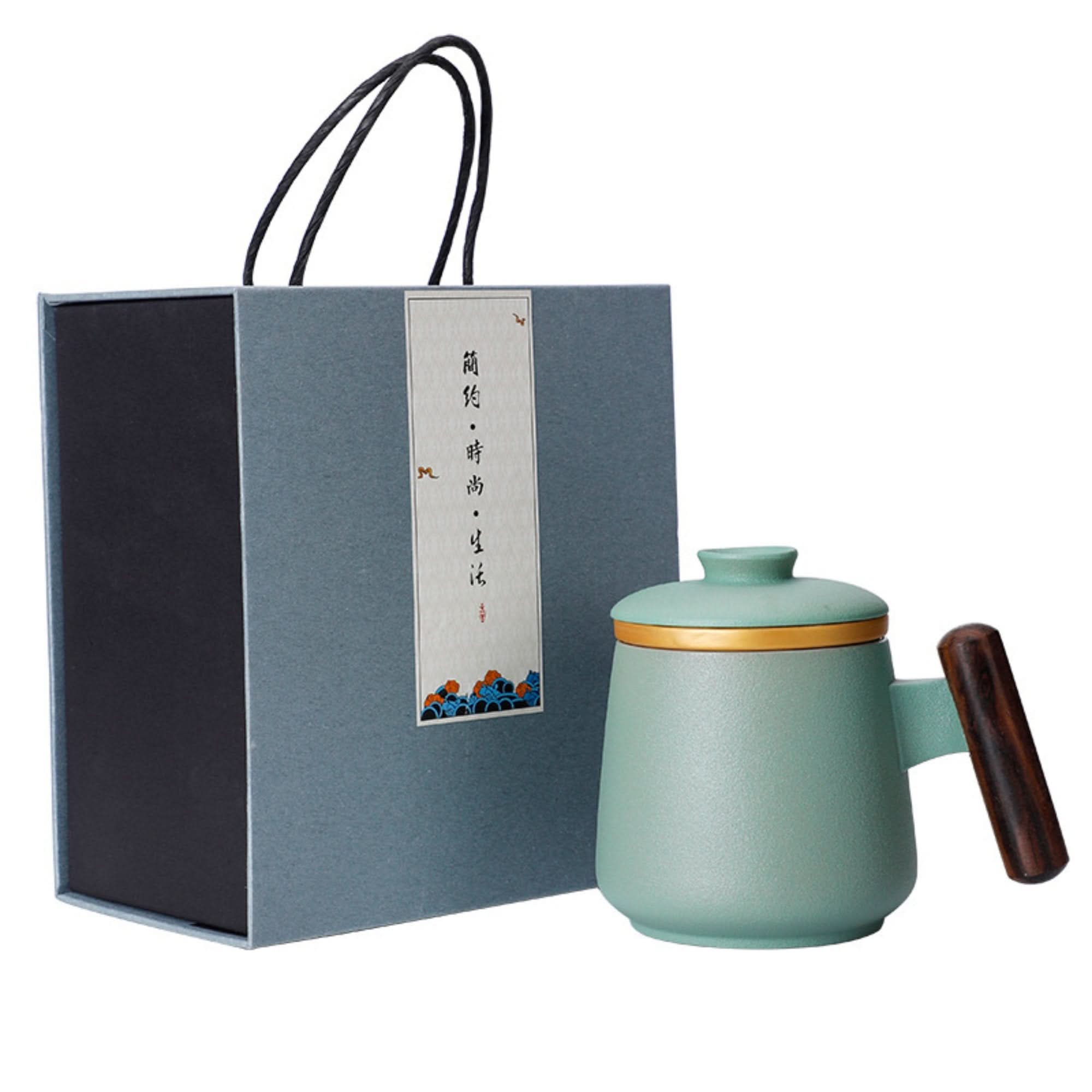 Minimalist Japanese Mug 10.1oz: green matte ceramic latte mug with wooden handle & gift box.