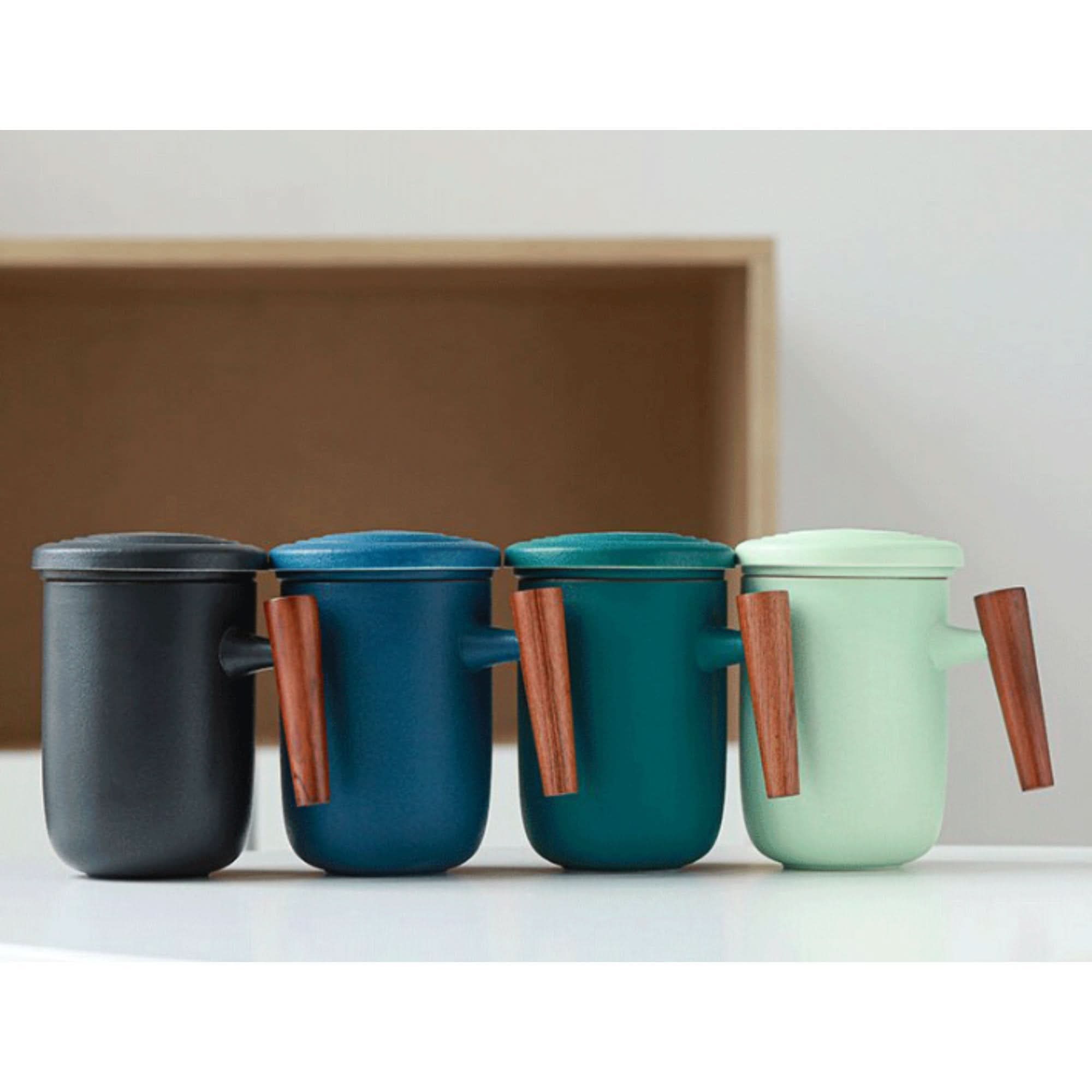Minimalist Japanese Mug 13.5oz in gray, navy, teal, & mint with wood handles