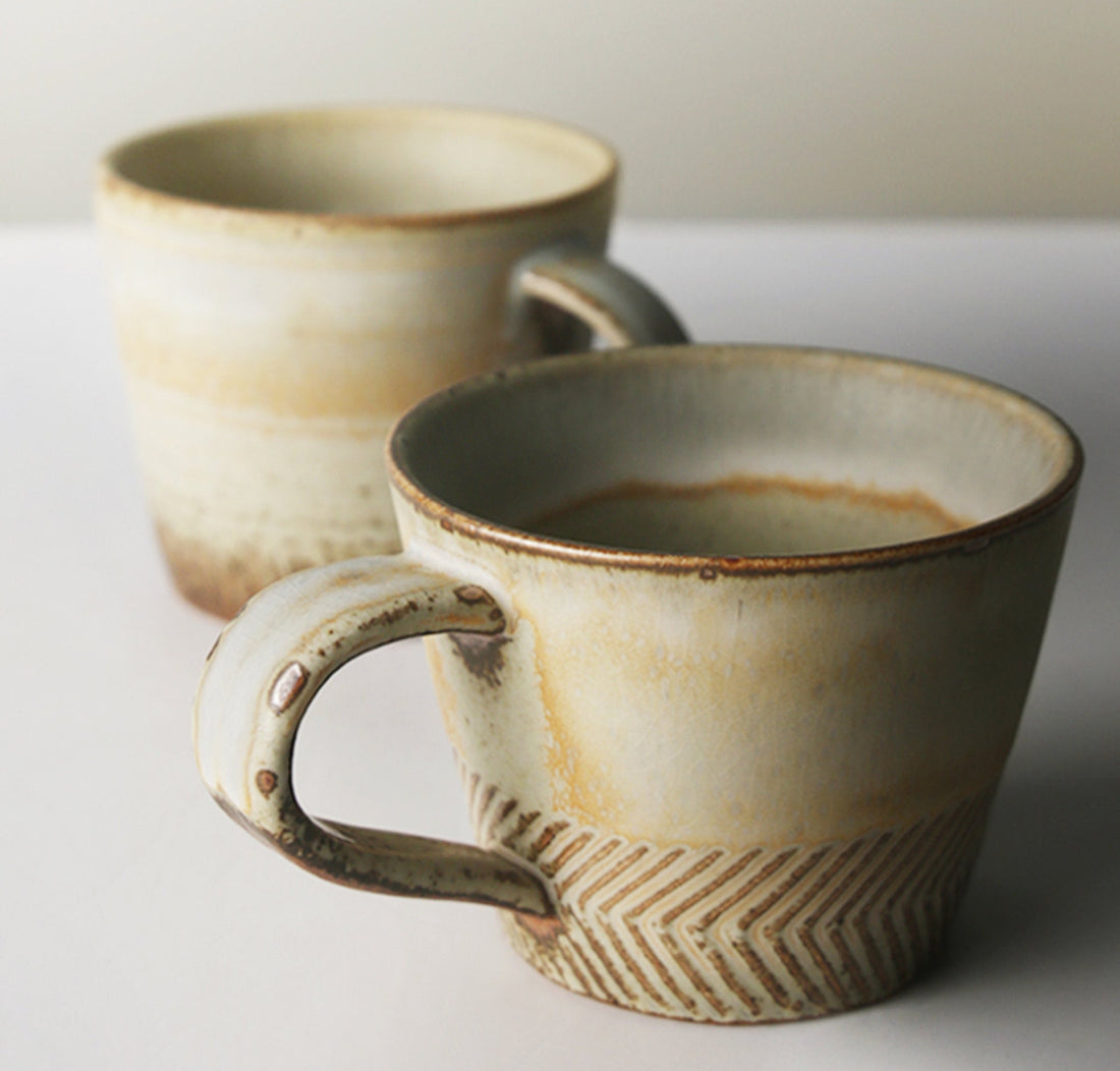 Japanese Pottery Mug 10.14oz With Carving | Stoneware Mug, Custom Latte mug, Stoneware Mug, Ceramic Coffee Mug, - InnerUnionHome