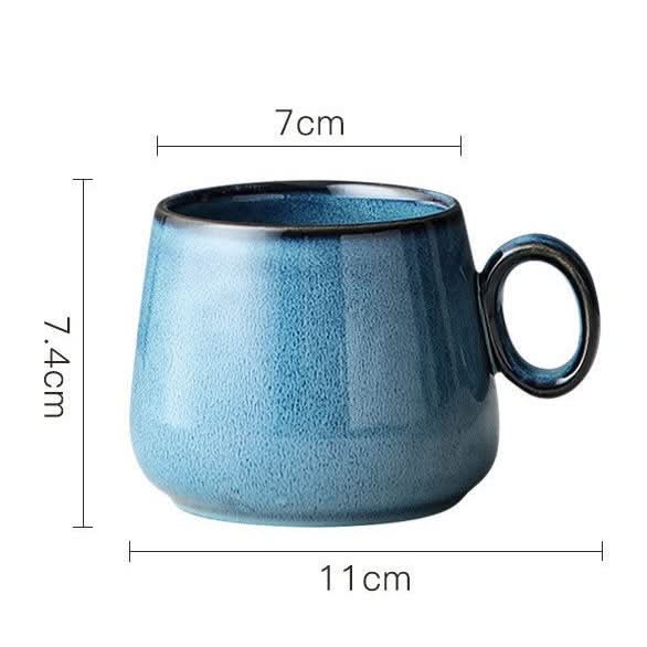 Retro 2 for 1 stoneware mug in blue, 10.1oz. Modern Japanese pottery latte mug.
