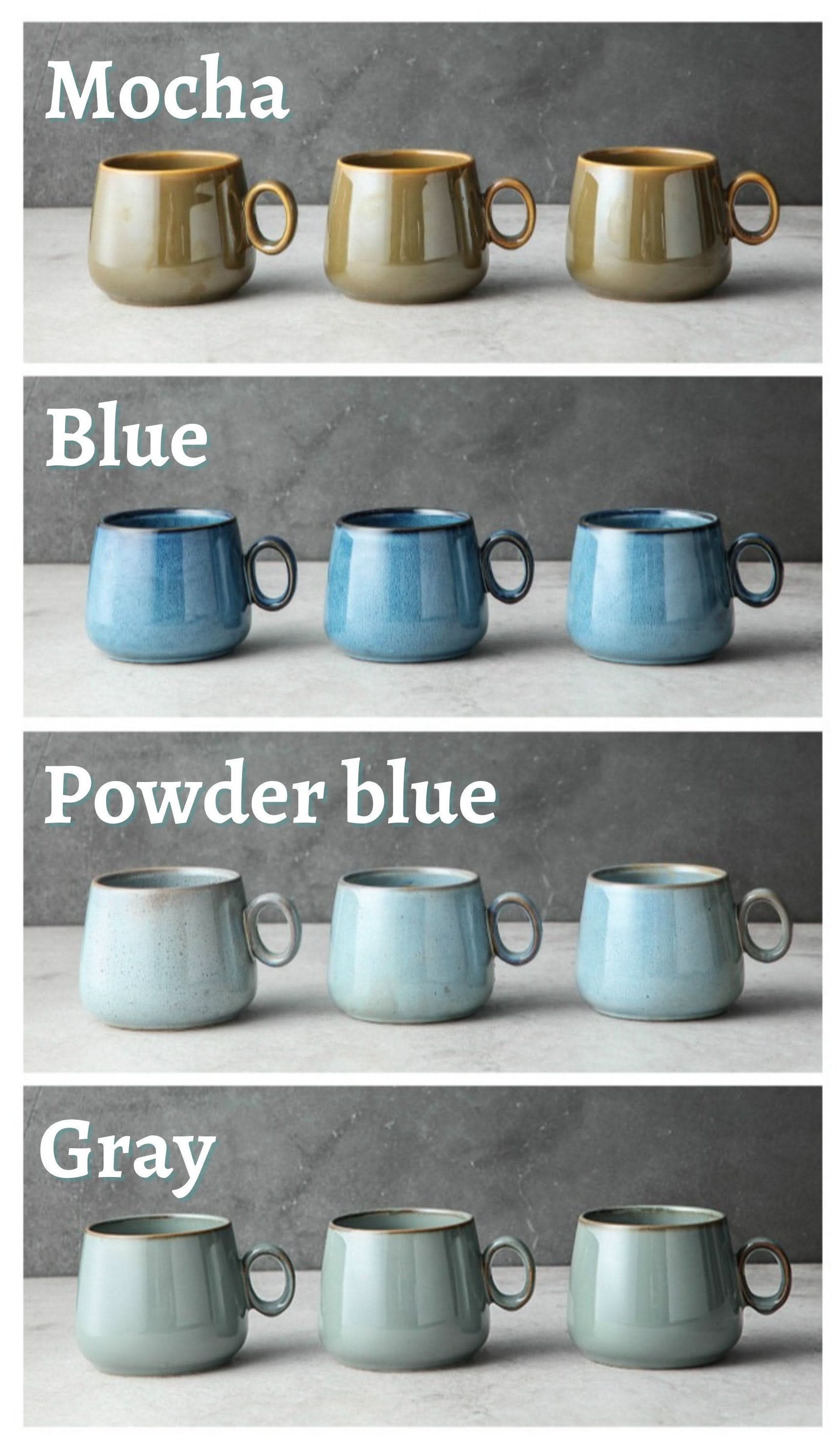 Retro stoneware latte mugs in mocha, blue, powder blue, and gray. 10.1oz capacity.