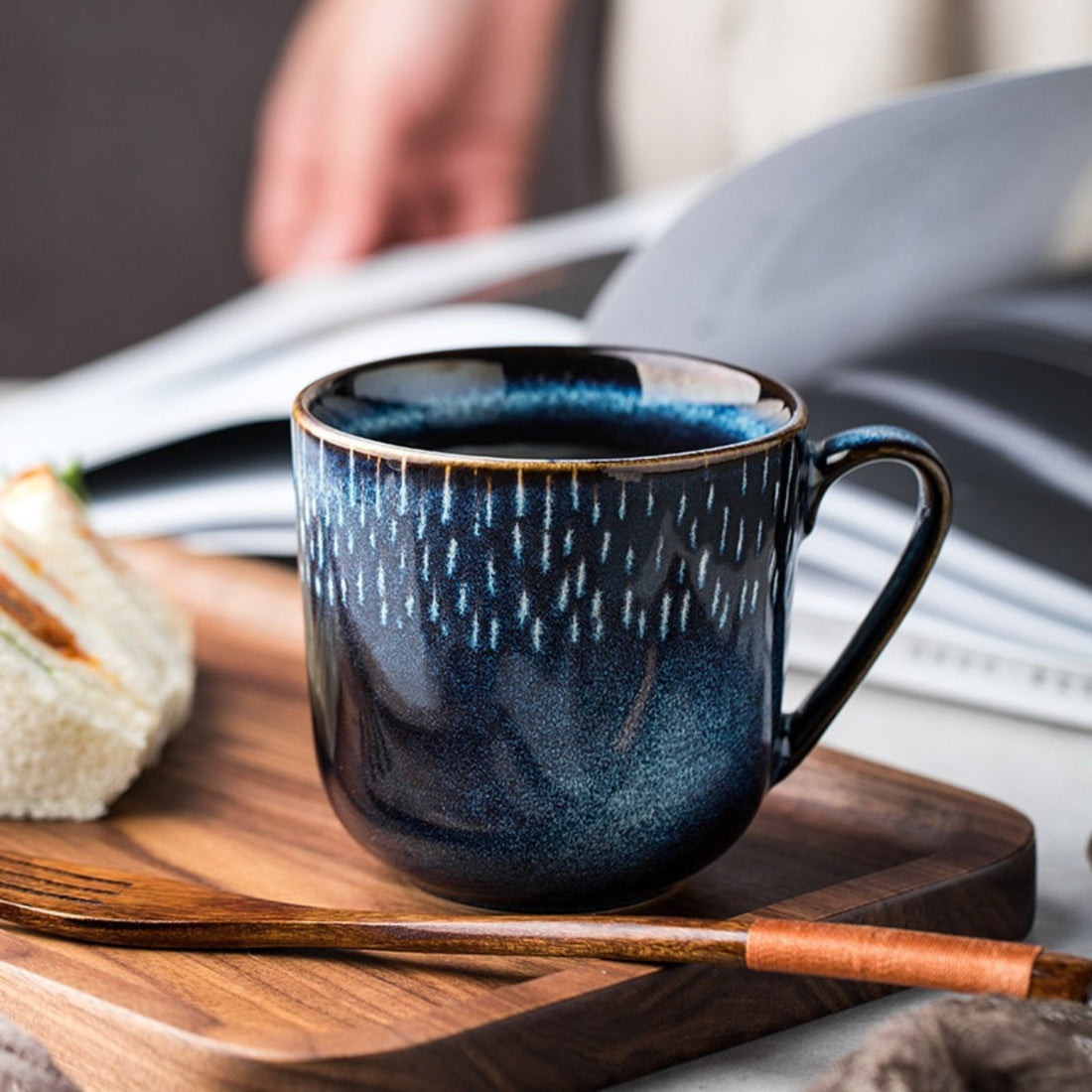 Ceramic Mug With Blue Glaze and White Lines 2x1 Set - InnerUnionHome