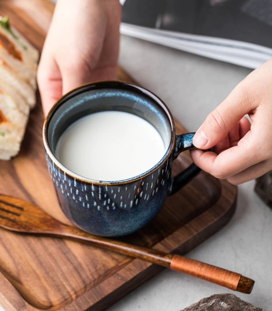 Ceramic Mug With Blue Glaze and White Lines 2x1 Set