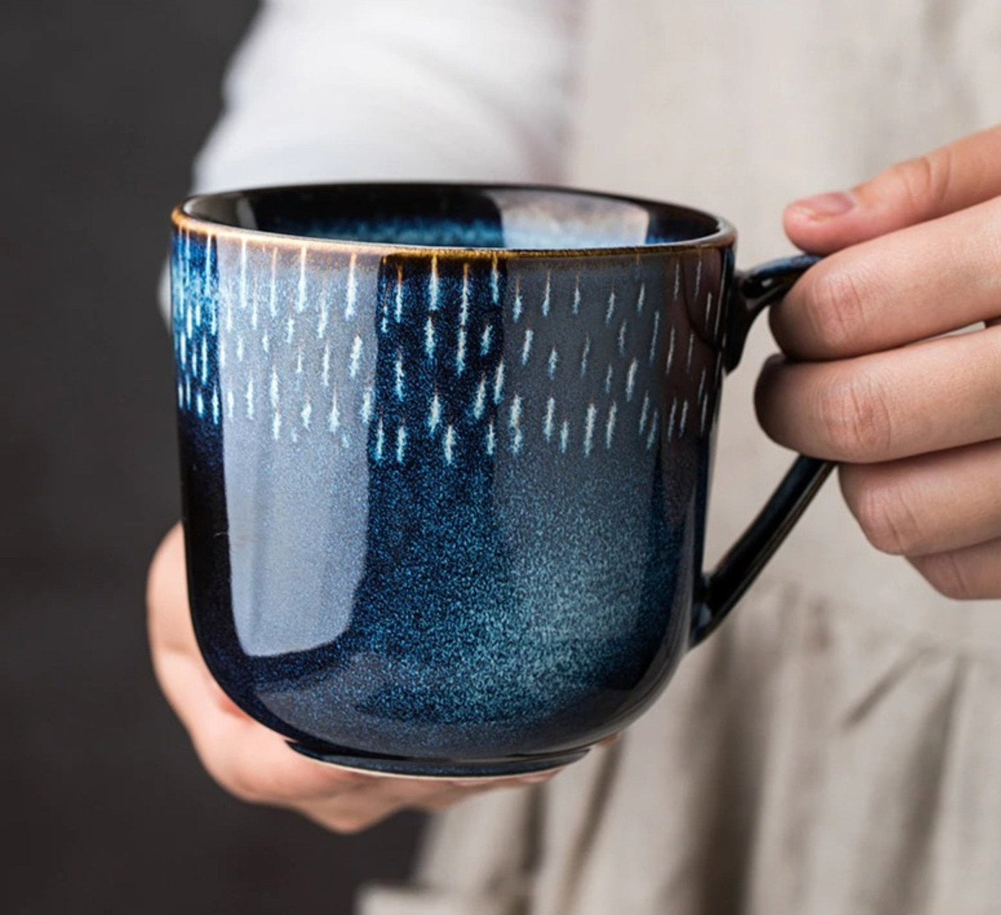 Ceramic Mug With Blue Glaze and White Lines 2x1 Set