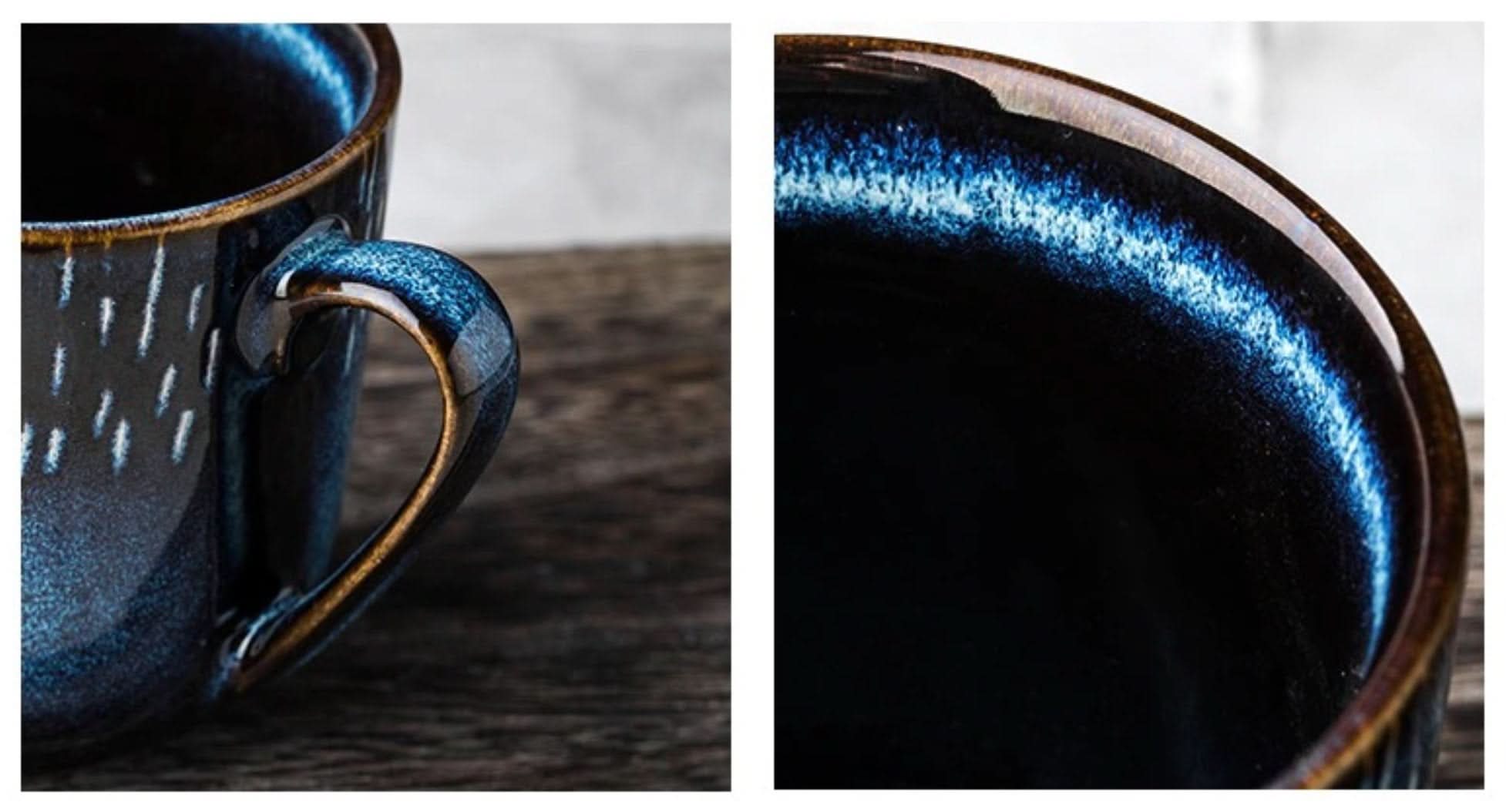 Ceramic Mug With Blue Glaze and White Lines 2x1 Set, rustic home decor