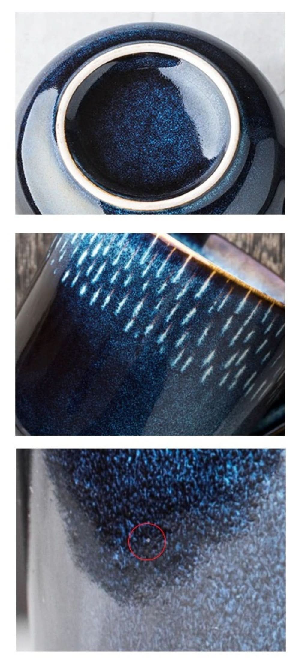 Ceramic mug set with deep blue speckled glaze and white line detail. Home decor.