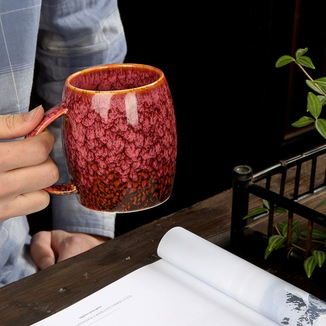 Taza de cerámica vintage 13.5oz | Taza de café grande, taza retro creativa, juego de tazas coloridas, taza esmaltada reactiva, taza de cerámica japonesa