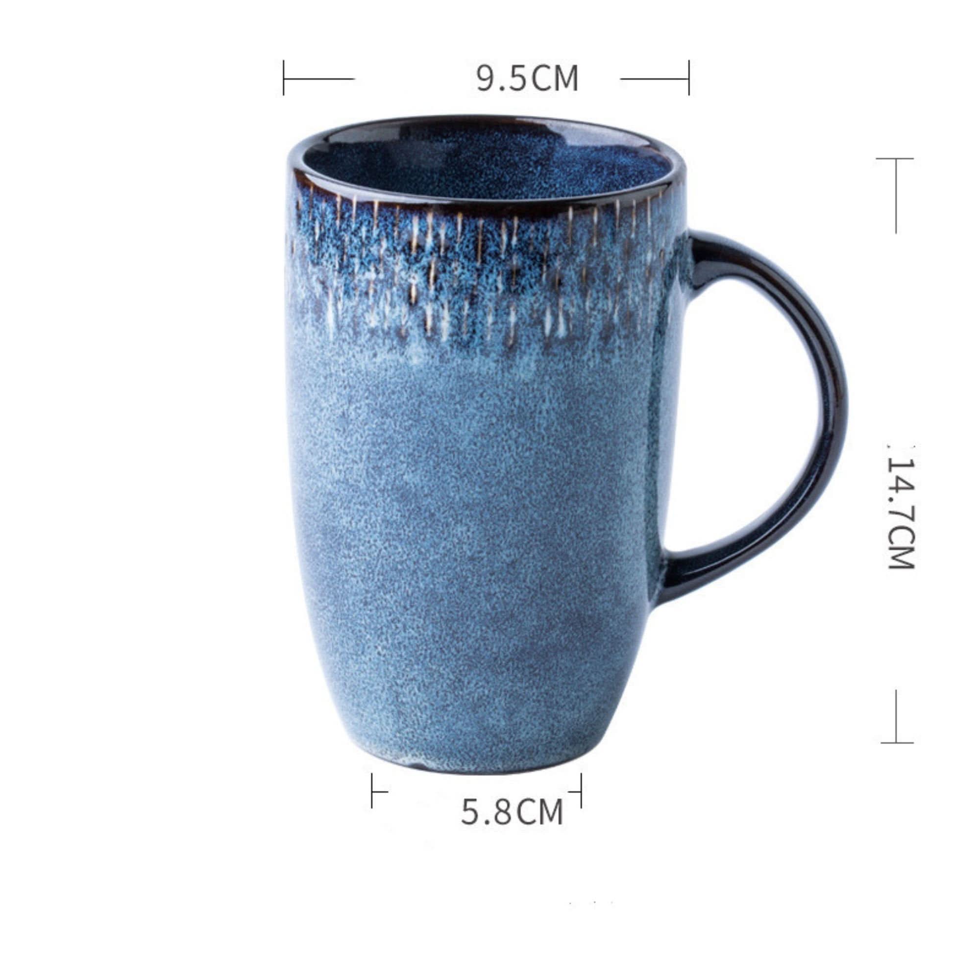 20.2oz Pottery Glazed Mug, large blue ceramic travel coffee mug with black handle.