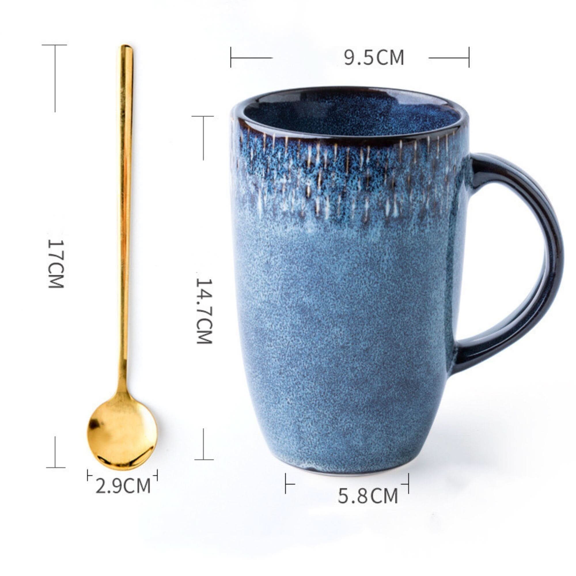 Blue speckled 20.2oz Pottery Glazed Mug with gold spoon. Large ceramic coffee mug.