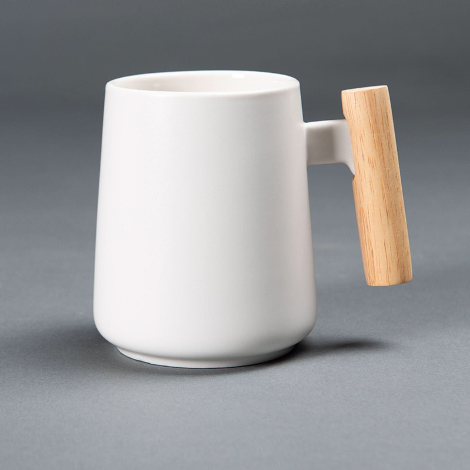 Minimal white coffee mug with natural wood handle, Japanese style latte mug.