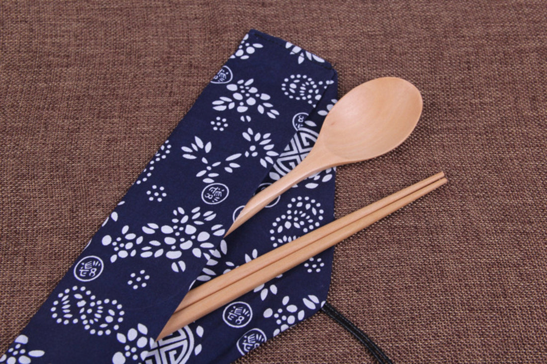 Utensilios de cocina japoneses de madera con estuche de tela | Juego de cucharas, madera natural