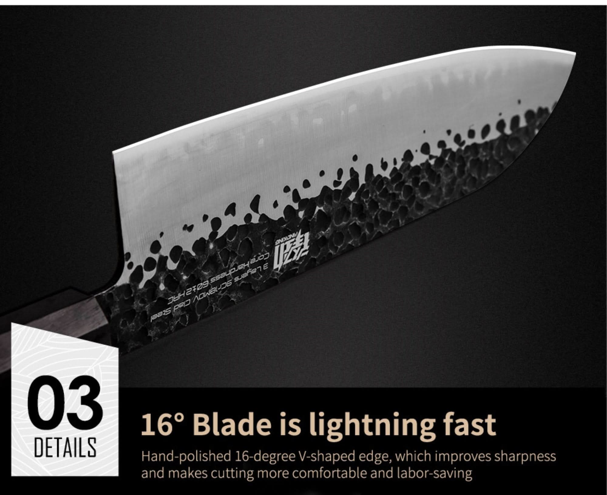 Forged Japanese Kitchen Knife, Santoku, Kiritsuke, Chef Knife, Gyuto with textured Damascus steel blade.